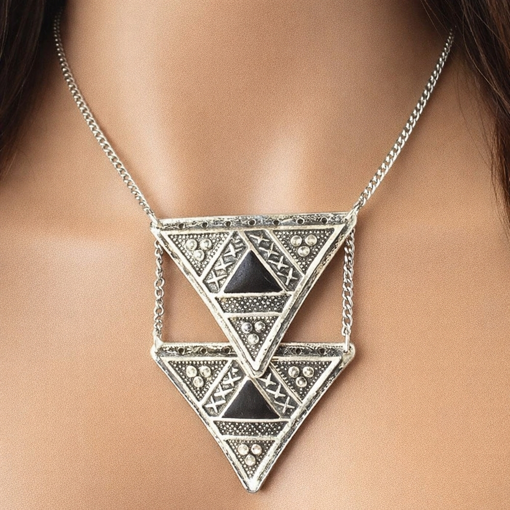 Boho Geometric Triangle Statement Necklace – Silver Tribal Pendant - Stylish